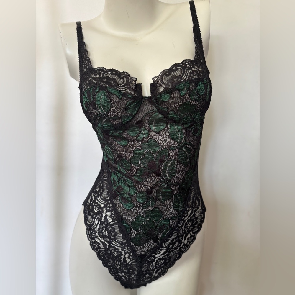 Vintage 80’s Made in USA Victorias Secret Black/Green Lace Mesh Lingerie SZ S-M